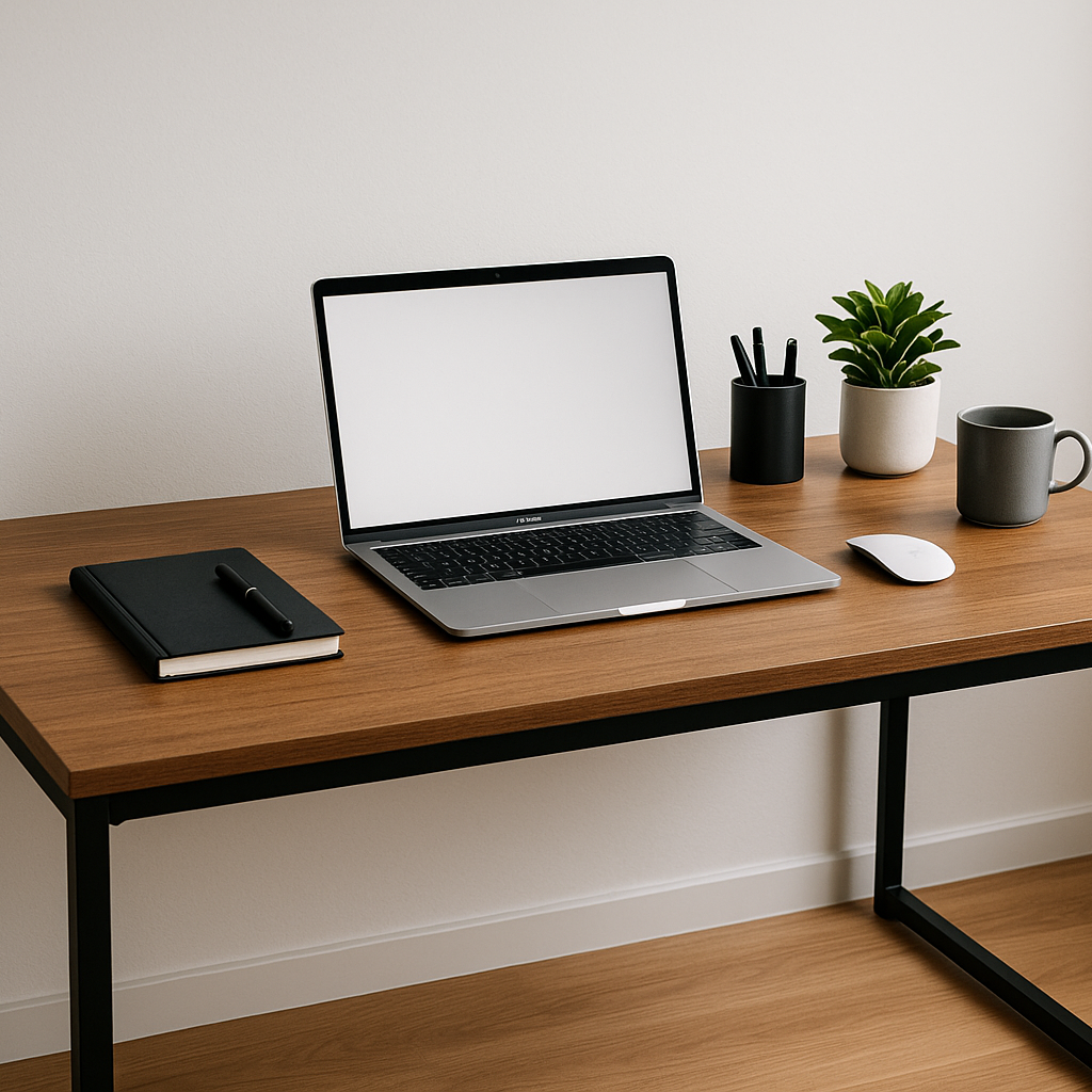 rectangular wooden work desk with black metal legs. Macbook and office accessories and make it a square image
