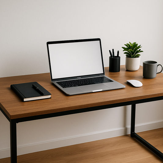 rectangular wooden work desk with black metal legs. Macbook and office accessories and make it a square image